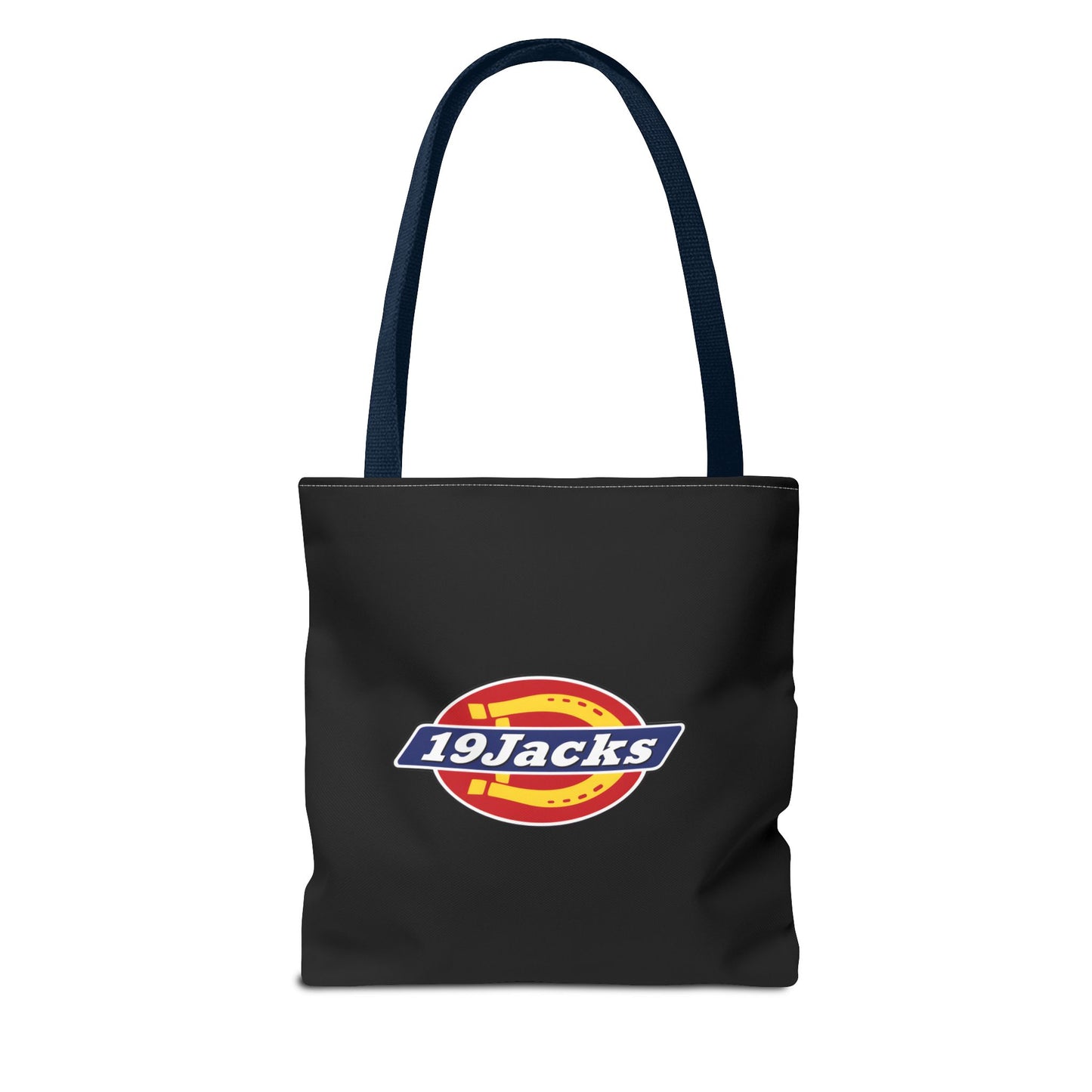 Black tote bag with 19Jacks logo