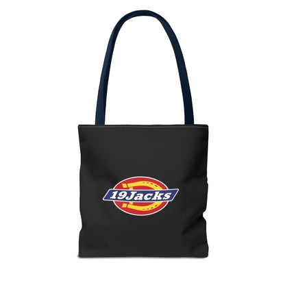 Black tote bag with 19Jacks logo